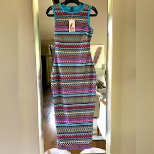 Pink and Blue Sheath Midi Dress with Crew Neck